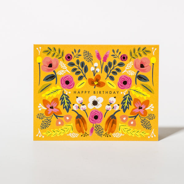 Geburtstagskarte Folk Birthday mit Blumen-Motiv in kräftigen Gelb-, Pink- und Rottönen von Rifle Paper Co.