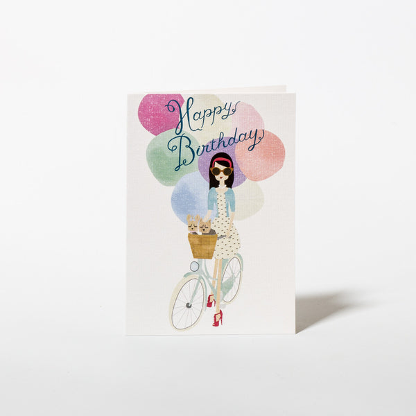 Geburtstagskarte, Motiv Dame mit Hunden und Luftballons auf Fahrrad, von Nelly Castro Design