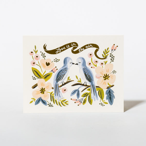 Hochzeitskarte mit Vögelchen und goldenem Schriftzug von Rifle Paper Co.