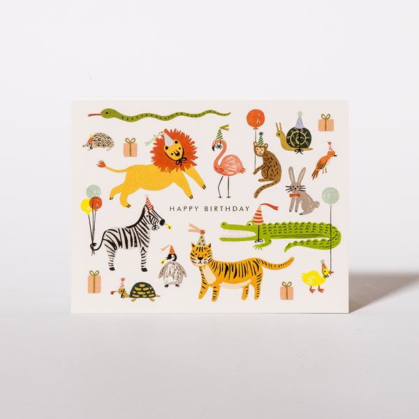 Geburtstagskarte Party Animals mit vielen bunten Tieren von Rifle Paper Co.