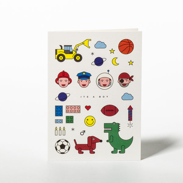 Babykarte für Jungs mit Icons wie Dinosaurier, Dackel und Basketball von redfries.
