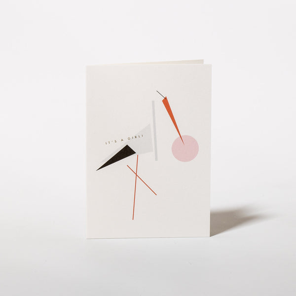 Babykarte Mrs. Stork mit geometrischem Störchen-Motiv von thie studios.